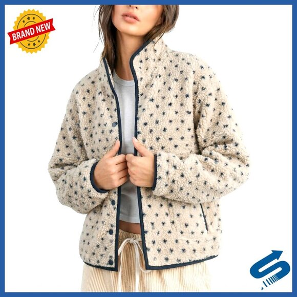 Jackets & Blazers - Slouchy Fleece Jacket Women Long Sleeve Button Down High Neck Polka Dot